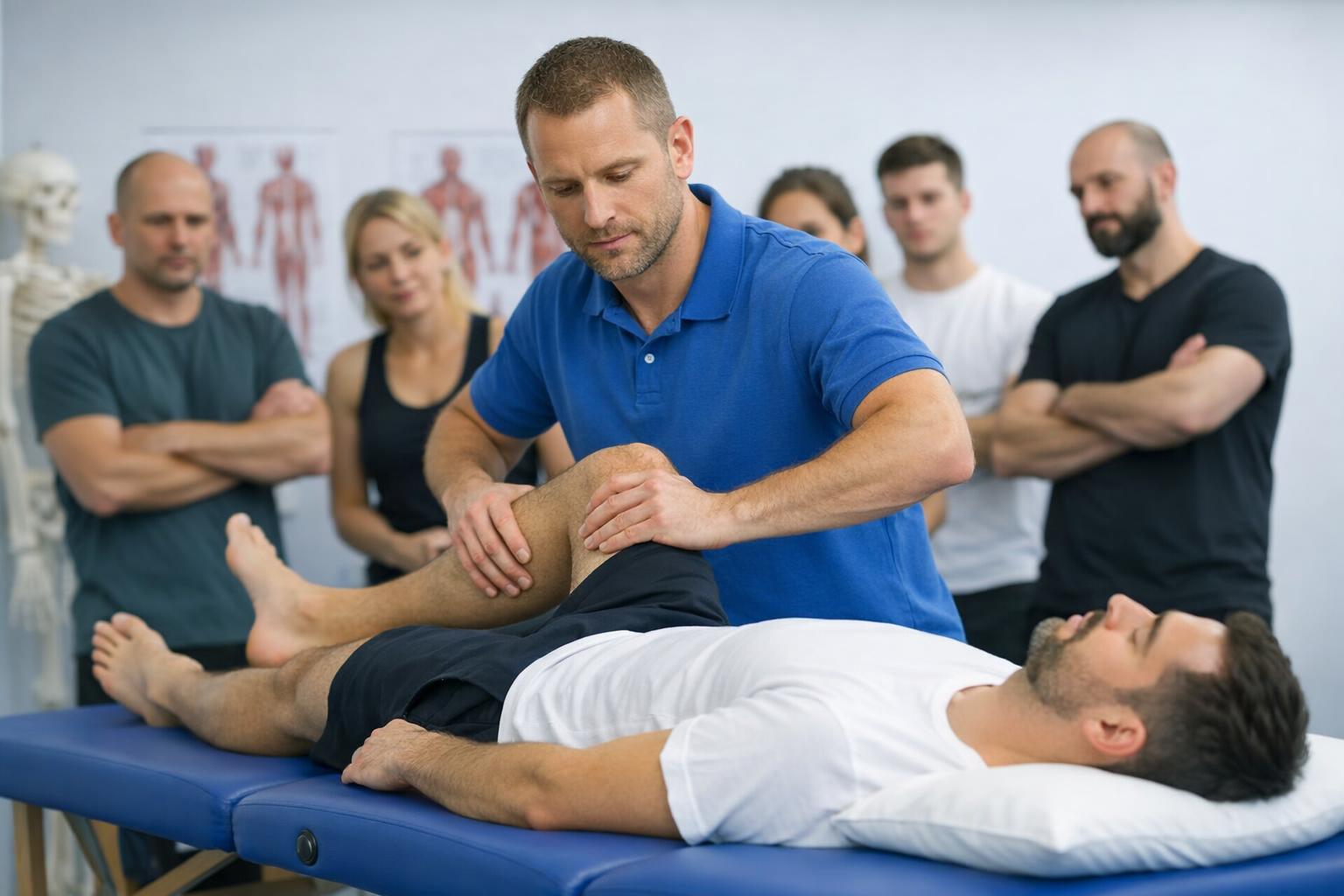 Zdjęcie fizjoterapeuty podczas kursu praktycznego z pacjentem