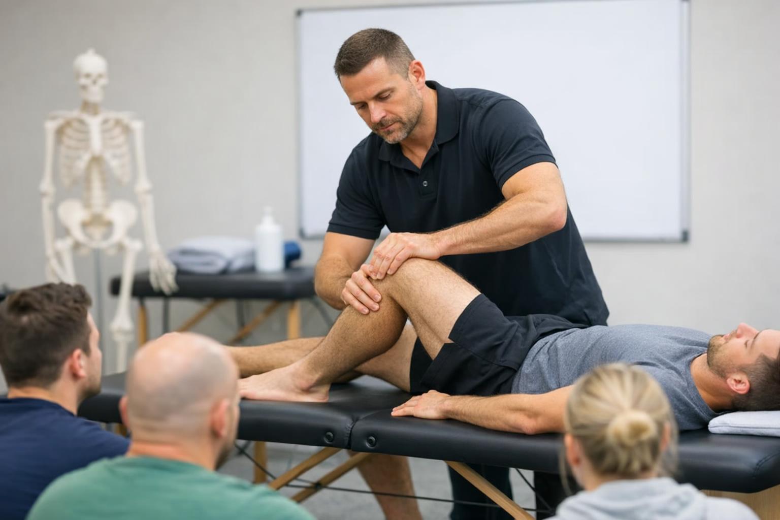 Instruktor demonstruje technikę mobilizacji stawu podczas kursu