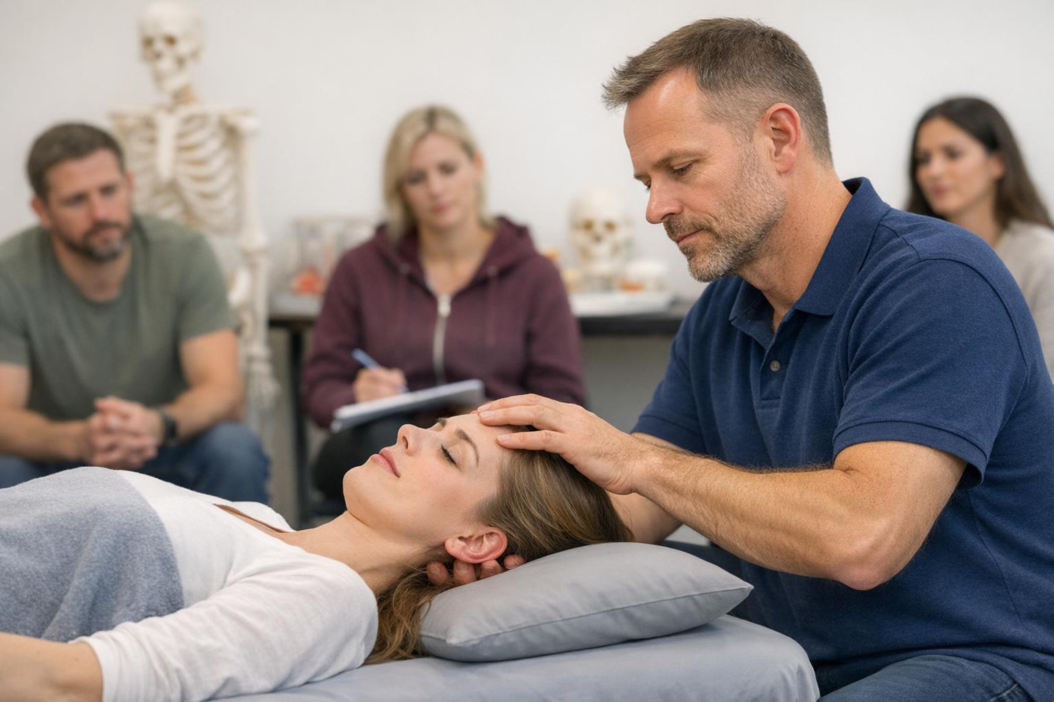 Zdjęcie: terapeuta wykonujący techniki czaszkowe podczas zajęć praktycznych