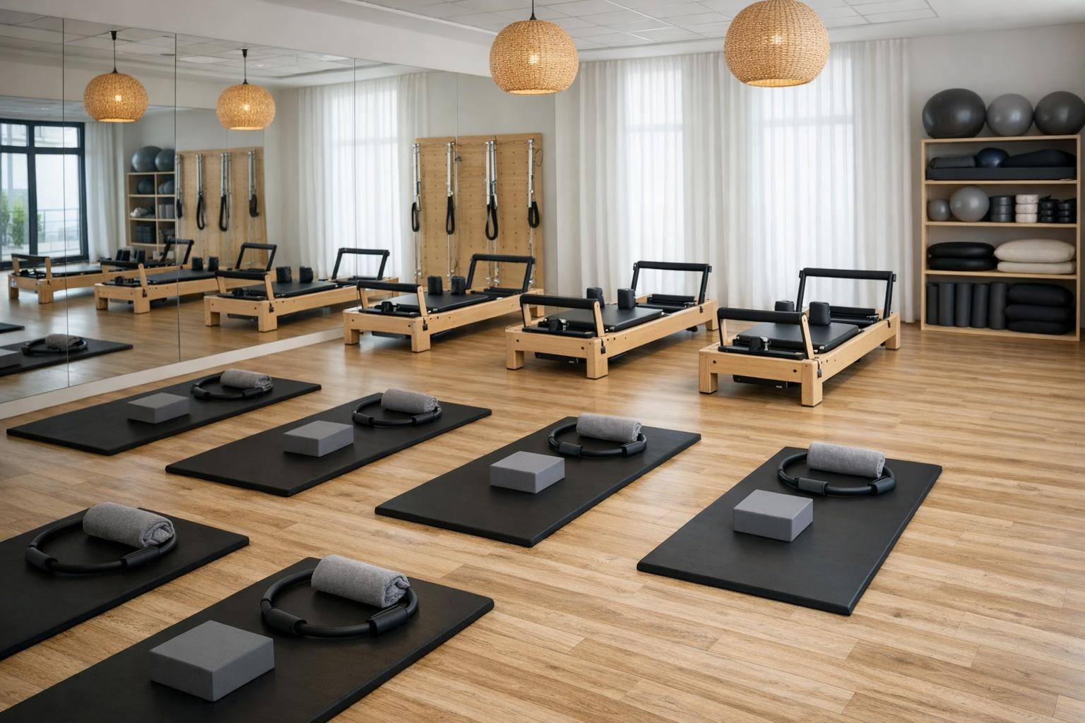 zdjęcie sala z matami pilates i reformerami gotowa do zajęć