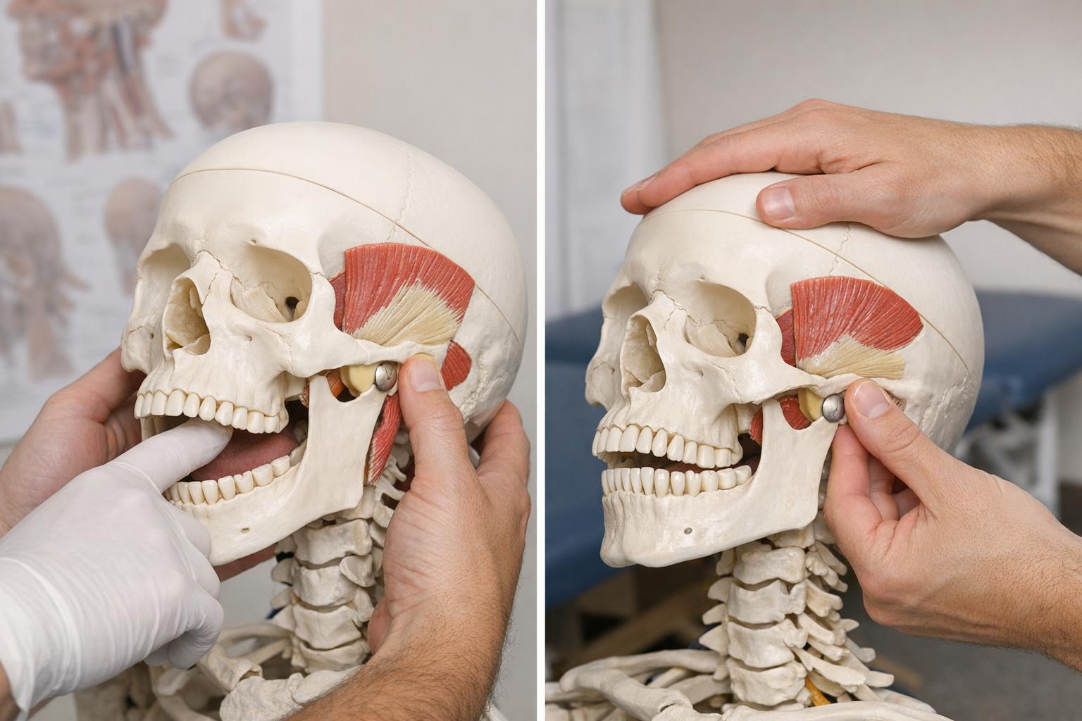 fotografia instrukcji manualnej technik przy stawie skroniowo-żuchwowym na modelu anatomicznym