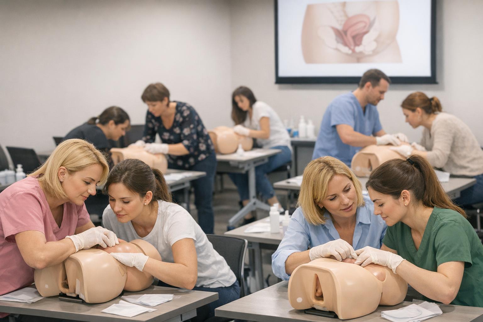 Zdjęcie: sala szkoleniowa podczas kursu uroginekologii - uczestnicy w trakcie praktyki
